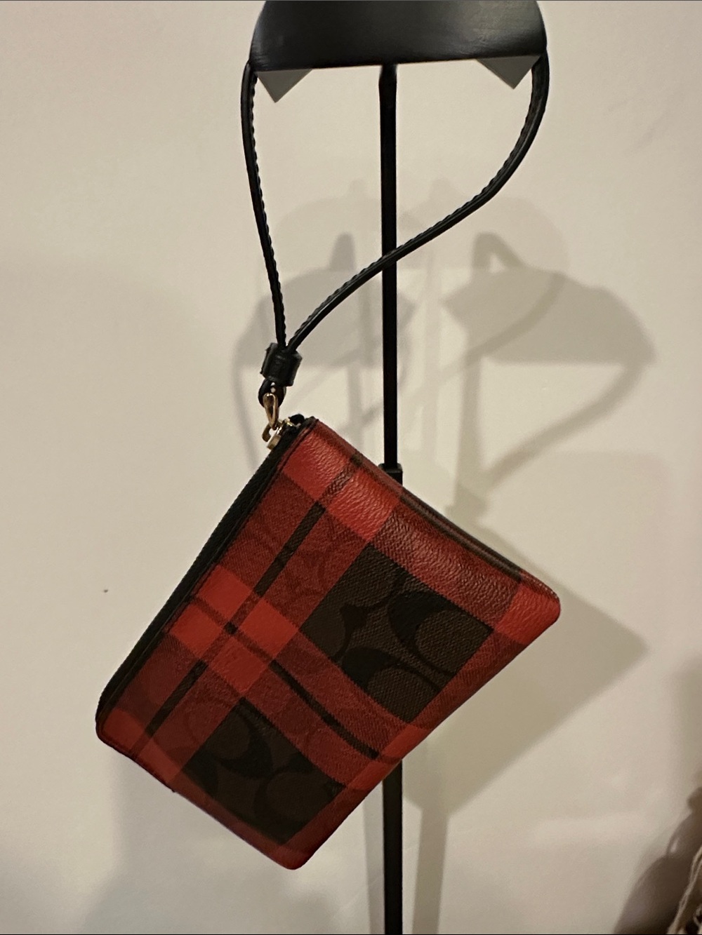 Coach Red and Black Plaid Signature Zip Wristlet
